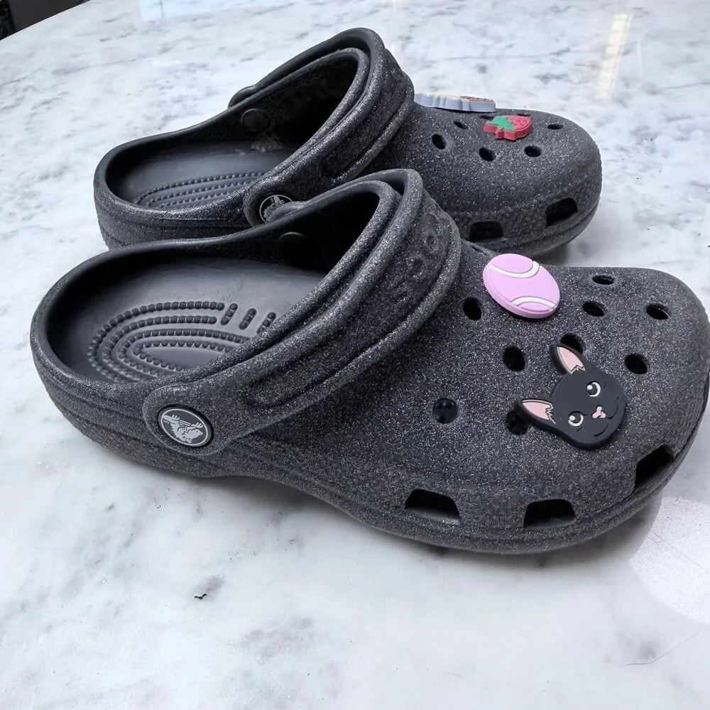 Crocs Classic Black Glitter Clog with Charms size  J1